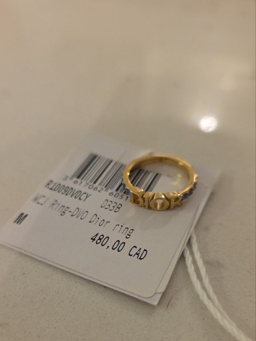 Dior Gold Logo Ring with Blue Stone Accents Size M